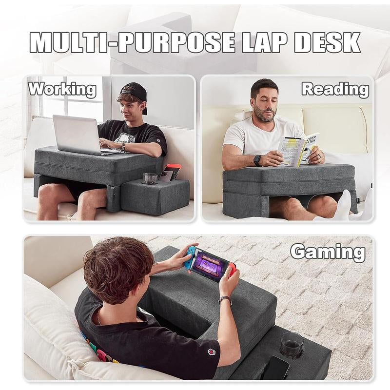 Lap Desk Pillow for Laptop, Large Reading Pillow for Adult, Arm Rest Pillow with Cup Holder, Memory Bed Desk for Working, Gaming, Reading, Laptop Desk for Couch Bed Floor()