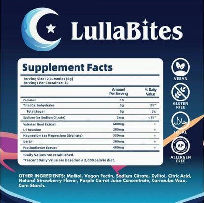 Lullabites Gummies Strawberry Stars Flavor - 30 Servings Sugar-Free Vegan Halal